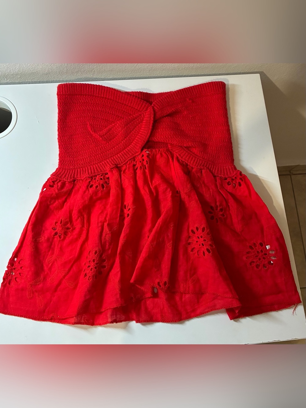 Amazon Girls' Red Strapless Eyelet Knit-Top Dress